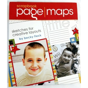 May include: A scrapbook page maps book with a red banner at the top. The book features sketches for creative layouts by Becky Fleck. The cover includes a photo of a smiling child and the word "title" with lines for writing.