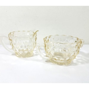 Fostoria American Clear Glass Cream and Sugar Dishes Vintage Cubist Missing Lid to Sugar Dish