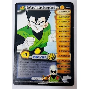Könnte beinhalten: Sammelkarte mit Gohan, einem Charakter aus der Anime-Serie Dragon Ball Z. Die Karte ist grün, schwarz und goldfarben mit einem Powerlevel von 130. Der Kartentext lautet "Gohan, the Energized" und "Physischer Angriff, der X Power-Stufen Schaden verursacht und X Power-Stufen kostet, um ihn auszuführen. Du wählst die Anzahl der X, wenn du diesen Angriff ausführst."