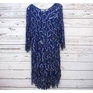 Scala Vintage beaded and sequined blue gown evening dress L  beaded fringe