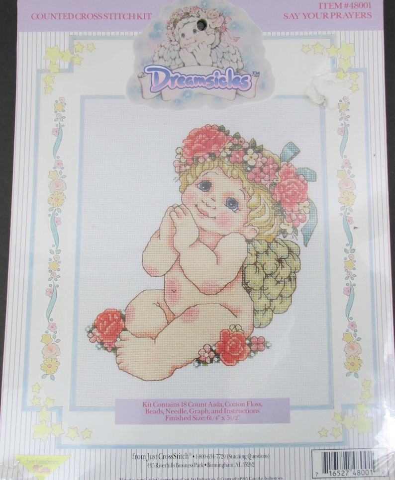 Dreamsicles Say Your Prayers Counted Cross Stitch Kit 48001 Nip Sealed Complete Cherub Angel Precious Moments Fiber Arts Art Collectibles
