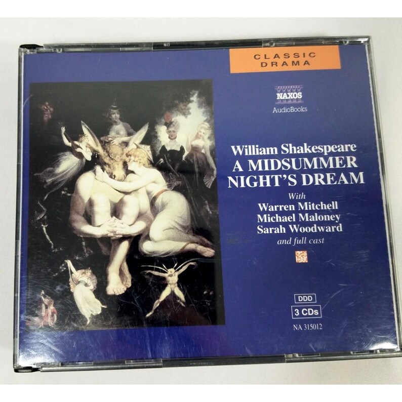 May include: A CD case for "A Midsummer Night's Dream" by William Shakespeare. The cover features a painting of figures in a forest setting. The CD case is blue with white text and the Naxos AudioBooks logo.