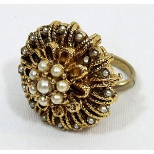 Vintage Gold-Tone Adjustable Costume Ring Faux Pearl Cluster Design Cocktail