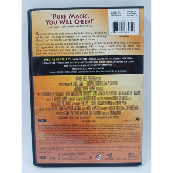 Free Willy DVD 10th Anniversary Special Edition Movie Jason James