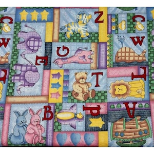 Katoenen stof baby alfabet en dieren vintage Cranston print Works Leslie Beck