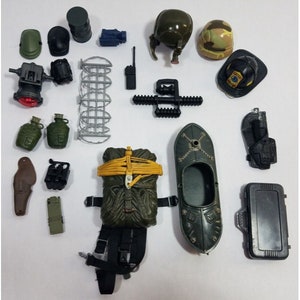 GI Joe Accessory Lot: Helmets, Parachute, Canteen - 21 pcs