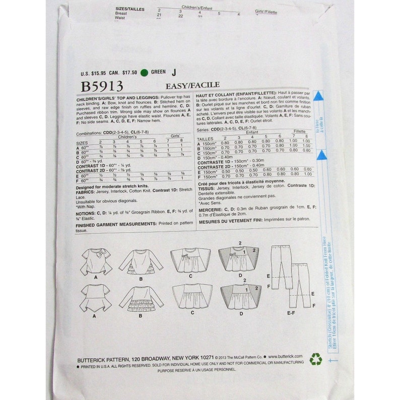 Butterick Children's Sewing Pattern B5913 Trendy Ruffle Back Top Girls