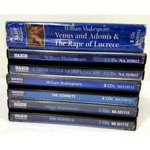 May include: A stack of William Shakespeare audiobooks on CD. Titles include "Venus and Adonis & The Rape of Lucrece", "A Midsummer Night's Dream", "The Sonnets", and "King Richard III". The CDs are in clear cases with blue and black text.