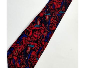 J. Garcia Mens Necktie Abstract Red Blue Silk Tie Hand Sewn In USA