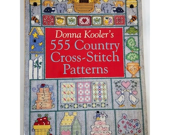Libro de patrones de punto de cruz "555 Country" de Donna Koolers, tapa dura vintage, 1996