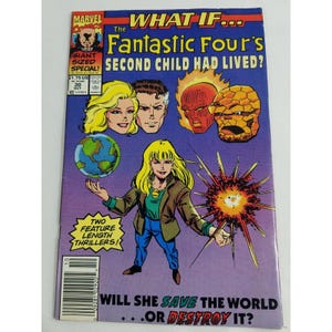 Op de afbeelding: Een stripboekcover voor "What If... The Fantastic Four's Second Child Had Lived?" met illustraties van personages en de tekst "Will She Save The World... Or Destroy It?" De cover heeft een paarse achtergrond met het Marvel Comics-logo.