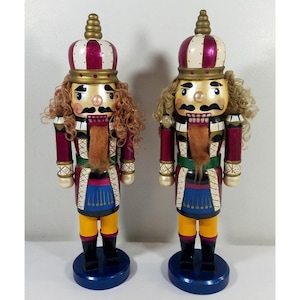 Christmas Nutcrackers Matching Pair Wooden Curly Hair Vintage 14&quot;