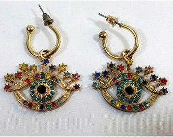Gold-Tone Evil Eye Earrings Costume Jewelry multicolored stones Unique