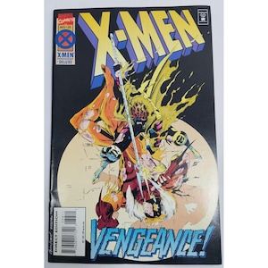 May include: A comic book cover featuring the X-Men. The cover art shows Wolverine and Sabretooth fighting. The cover text reads "X-Men" and "Vengeance!"