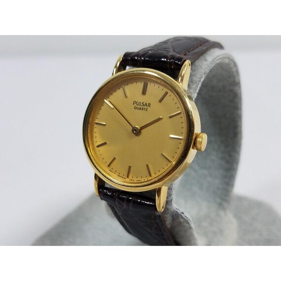 Pulsar Leather Band Gold Watch Pulsar Watch Men Stainless Gold Leather Dark Brown Battery  main image 2