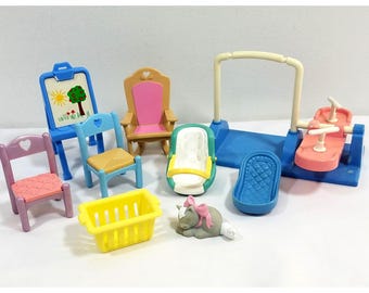 Fisher-Price Dollhouse Furniture Lot Chairs Rocker Crib Changing Table See Saw