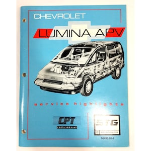 May include: A blue and white Chevrolet Lumina APV service highlights booklet with a cutaway illustration of the vehicle. The booklet features the text "Certified Plus" and "Service Technology Group".