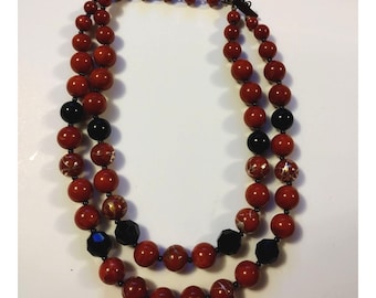 Vintage double strand necklace combo plastic and agate beads red black gold