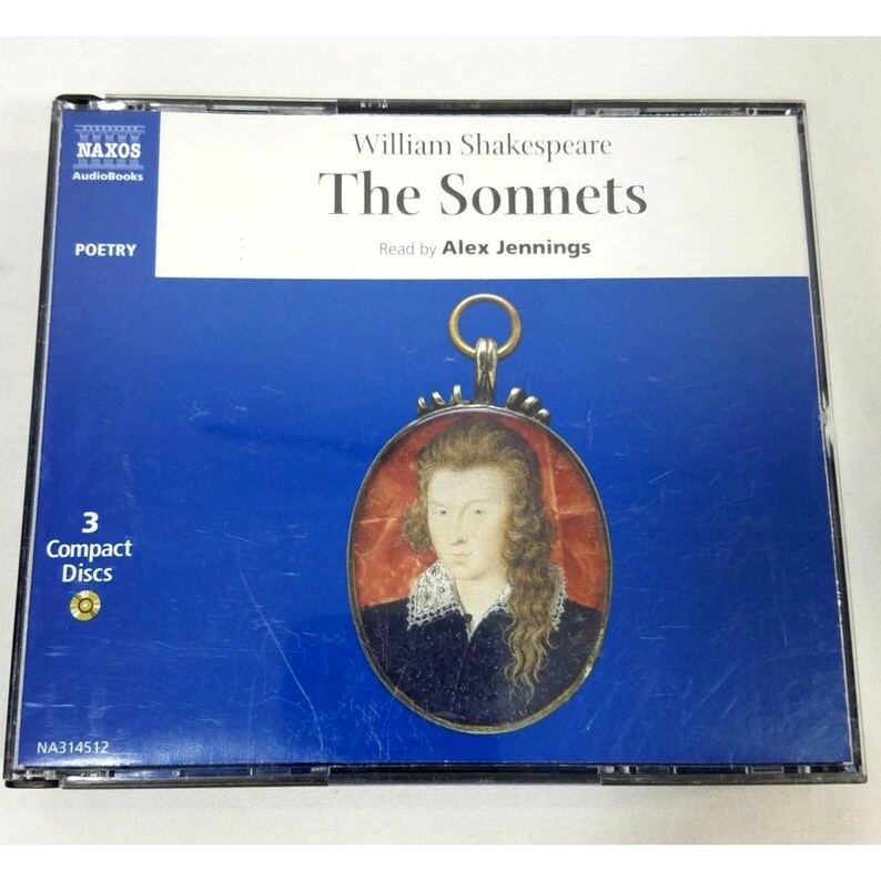 May include: A CD case for William Shakespeare's "The Sonnets" audiobook, read by Alex Jennings. The cover is blue with the text "The Sonnets" and "POETRY". It includes a portrait and the text "3 Compact Discs".