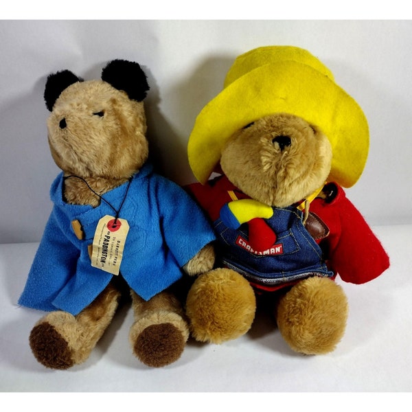 2 Vintage Paddington Bear Plush Sears Craftsman Eden red and blue coat apron