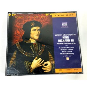 May include: A sealed CD case featuring the audiobook "King Richard III" by William Shakespeare, read by Kenneth Branagh. The cover art depicts a portrait of a man in historical attire. The case is labeled "Classic Drama" and includes the Naxos Audiobooks logo.