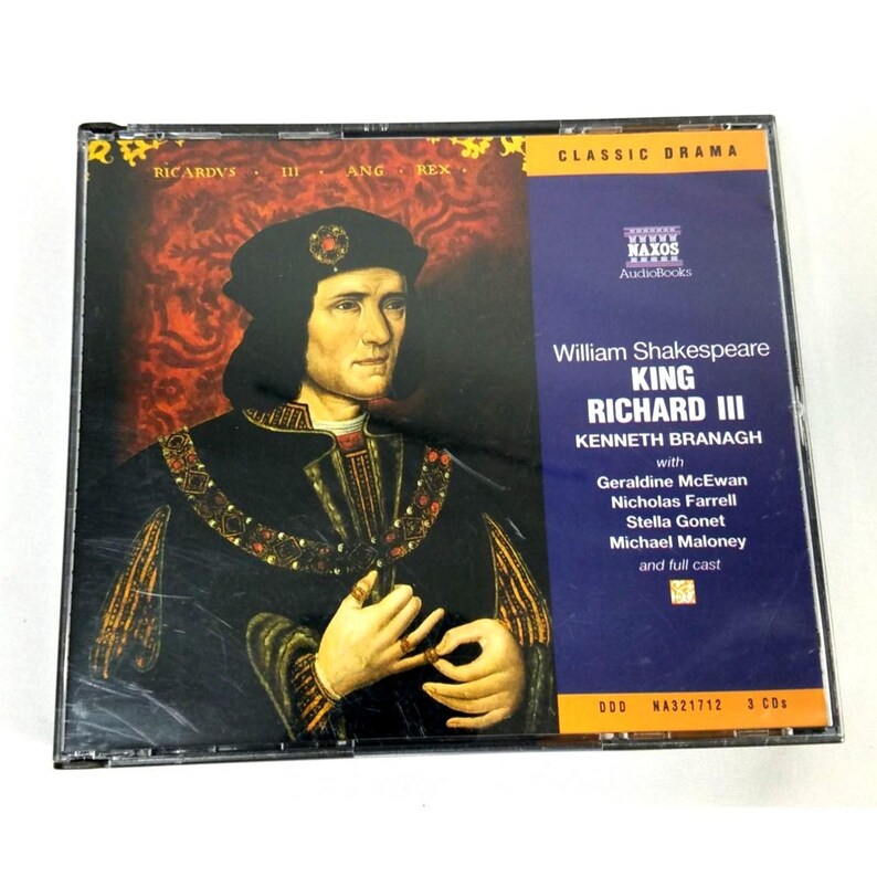 May include: A sealed CD case featuring the audiobook "King Richard III" by William Shakespeare, read by Kenneth Branagh. The cover art depicts a portrait of a man in historical attire. The case is labeled "Classic Drama" and includes the Naxos Audiobooks logo.