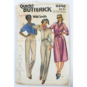 May include: Vintage Butterick sewing pattern 6258 featuring Willi Smith designs. The cover art depicts three illustrated figures in various outfits, including a button-down dress, a jumpsuit, and a blouse with pants. The pattern size is 10.