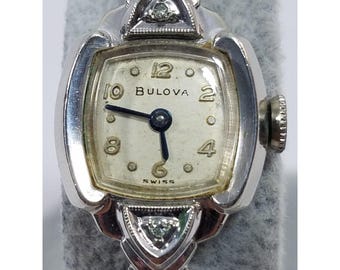 Relógio de pulso feminino Bulova 1950, banhado a ouro branco 10K, com 17 joias