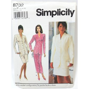 May include: Simplicity sewing pattern number 8732 for sizes 12, 14, and 16. The pattern includes instructions for making a jacket and skirt. The jacket has a V-neck and a button closure. The skirt is knee-length and has a straight silhouette. The pattern is illustrated with three different versions of the outfit: one in white, one in pink, and one in a white and cream lace.