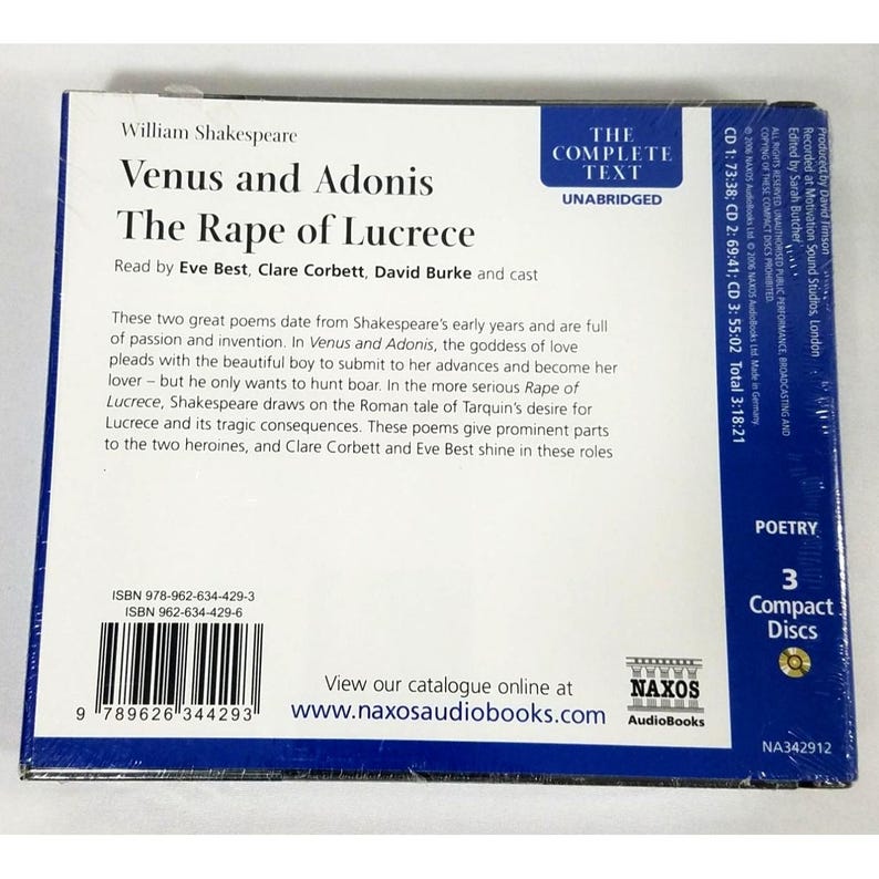 May include: A sealed CD case featuring the title "Venus and Adonis, The Rape of Lucrece" by William Shakespeare. The cover includes the text "The Complete Text Unabridged" and lists the readers. The case contains 3 compact discs.
