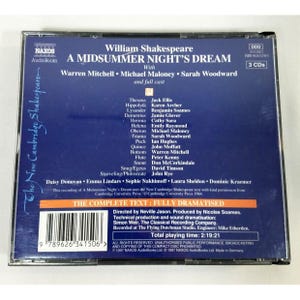 May include: A CD case for William Shakespeare's "A Midsummer Night's Dream" audiobook. The cover features the title, cast, and the Naxos AudioBooks logo. The case includes 3 CDs and has a total playing time of 2 hours, 19 minutes, and 21 seconds.