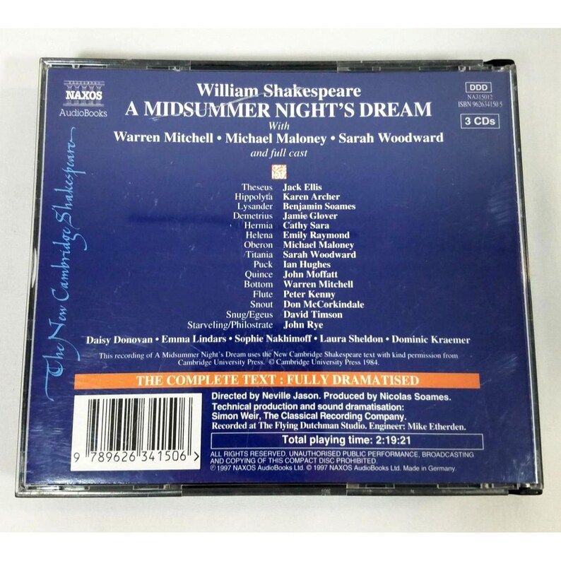 May include: A CD case for William Shakespeare's "A Midsummer Night's Dream" audiobook. The cover features the title, cast, and the Naxos AudioBooks logo. The case includes 3 CDs and has a total playing time of 2 hours, 19 minutes, and 21 seconds.