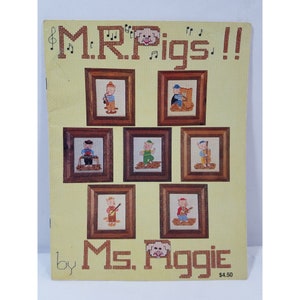 Mr Pigs autorstwa Ms Aggie Książka ze wzorami do haftu krzyżykowego 1980 Ulotka Vintage