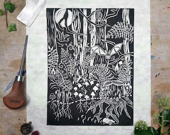 Fairy Ring Lino Print: Magical Woodland Scene with Bats