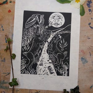 Mad März Hare - Original Linoldruck Druck von boxenden Hasen bei Vollmond im Frühling
