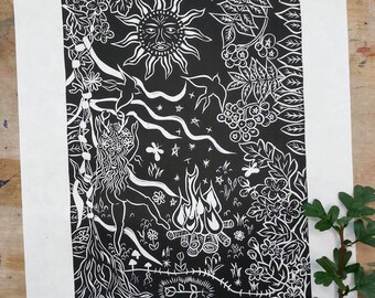 Flora of Beltane Lino Print: Goddess of Spring, May Day Art