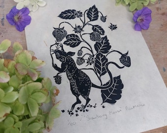 May include: Black and white linocut print of a mouse eating strawberries from a vine. The print is titled "Strawberry Mouse" and numbered "100".