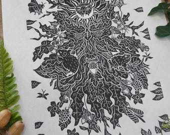 Green Man Lino Print: Original Woodland Art, Oak Leaves
