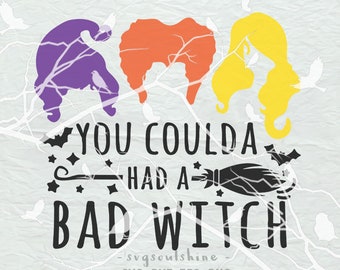 May include: A Halloween-themed graphic with three stylized witch hair silhouettes in purple, orange, and yellow. The text reads "YOU COULDA HAD A BAD WITCH" with a broom and bats. White birds and branches are also included.