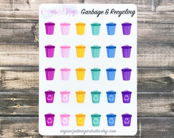 trash and recycling planner stickers, garbage can stickers, rubbish stickers, trash day stickers
