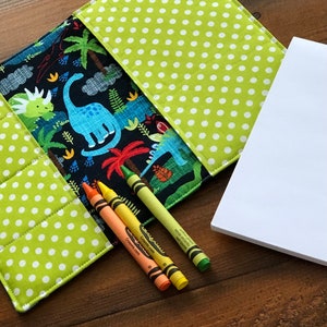 Kids Travel Art Kit Dinosaurs Crayon Wallet On The Go Kids Art Activity Kit Crayons and Scratch Pad Included - Dinosaurs