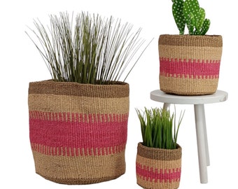 Gift for Mom, Handwoven Sisal Basket from Africa, Versatile Storage Planter, woven basket planter, Baskets for plants, Pink basket decor