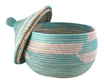 Large storage basket, Baskets with lids, basket storage, woven storage basket with lid, turquoise basket, woven basket lid, lidded basket