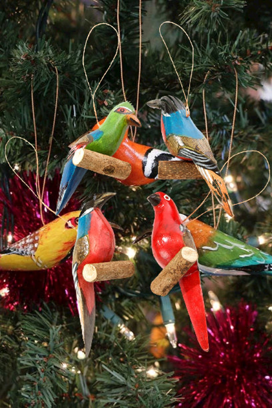 Set of 3 hanging Bird Ornaments Animal Christmas Etsy