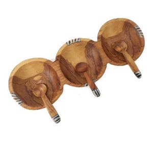 Hand Carved Olive Wood Condiment Bowls with Spoons: 3-in-1 Snack Dish