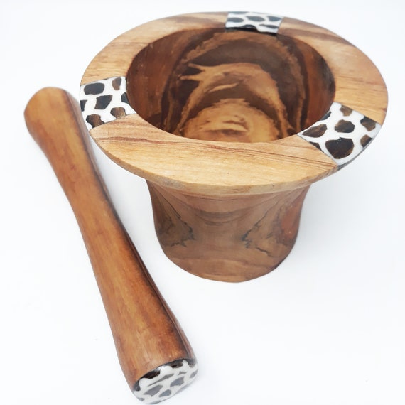 Olive Wood Mortar and Pestle Set - Handmade Wooden Herb and Spice Grinder -  Rustic Large