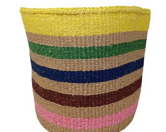 Cesta de sisal tejida a mano: Maceta de rayas coloridas, almacenamiento de tejido africano (25,4 x 25,4 cm)