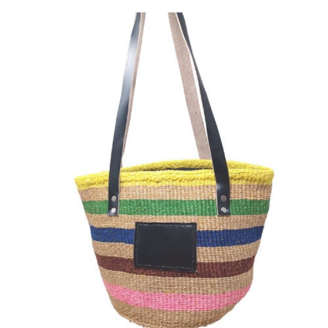 Colorful Basket Bag Leather Handles, Woven Bag, Sisal Bag, Woven Bag