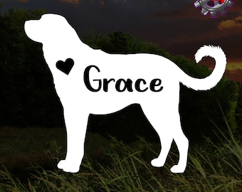 May include: White silhouette of a dog with the name "Grace" and a heart above it.