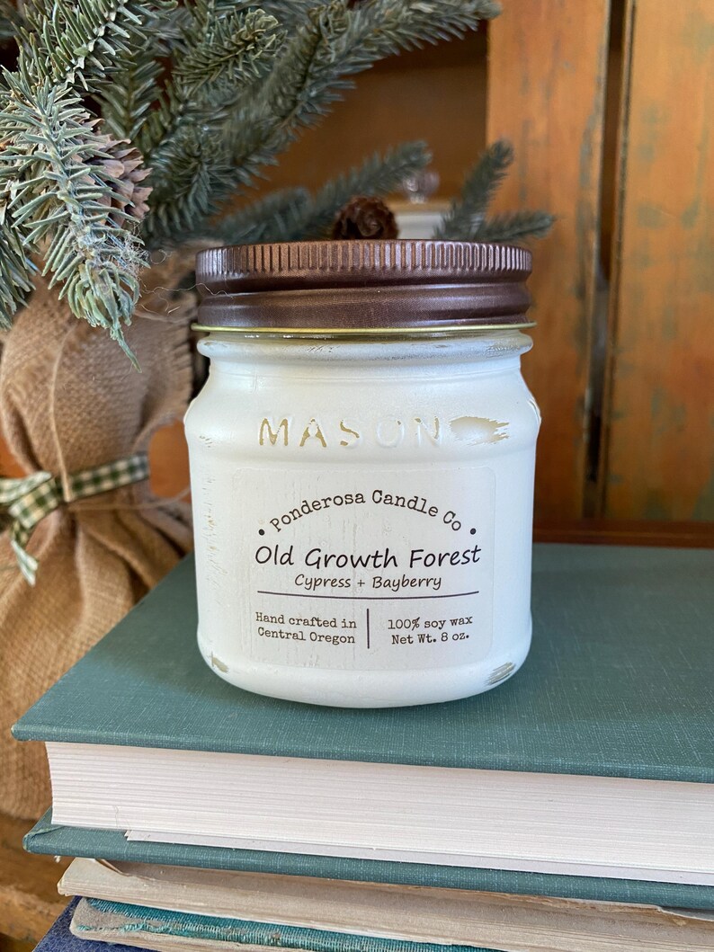 May include: A white Mason jar candle with a brown lid. The label reads "Old Growth Forest" with "Cypress + Bayberry" and "100% soy wax Net Wt. 8 oz." The candle is on a stack of books.